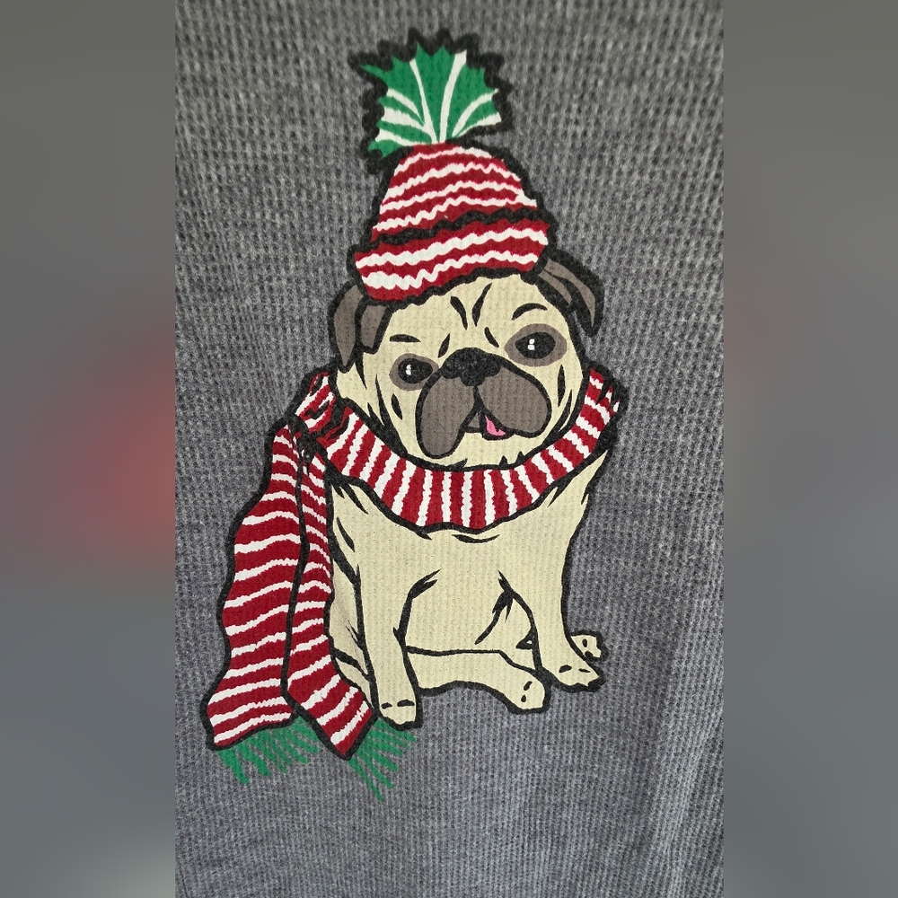 Old Navy Women's Waffle Knit Gray Long Sleeve Pug Dog Top ~ Size M - Picture 3 of 7